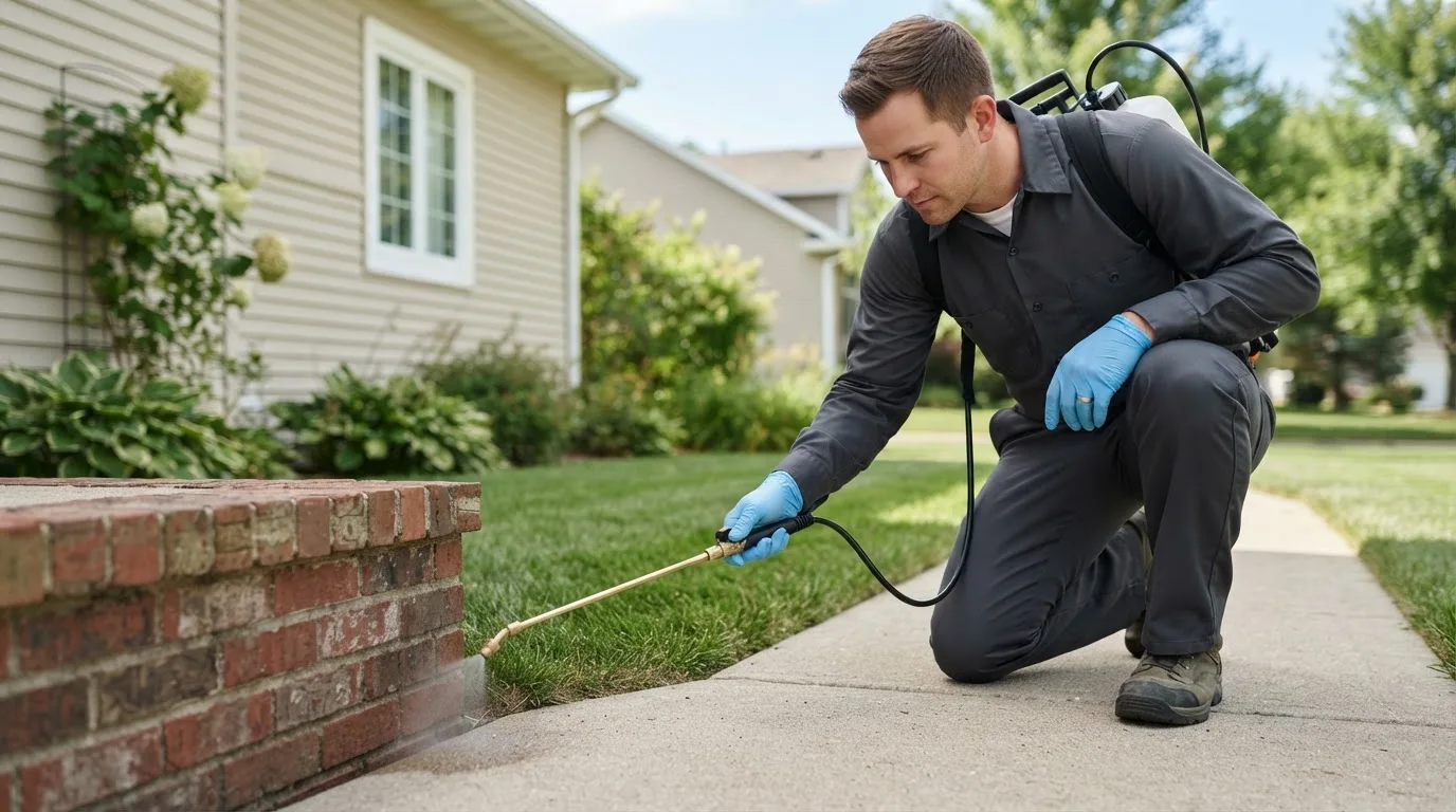 Pest control technician treating a home near Higdon, AL
